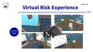 Opensurance
Virtual Risk Experience
En el proceso de aprendizaje la que vivimos y experimentamos representa un 70%
Versión...