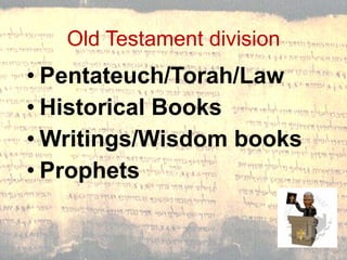 Old Testament division Pentateuch/Torah/Law Historical Books Writings/Wisdom books Prophets 