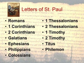 Letters of St. Paul Romans 1 Corinthians 2 Corinthians Galatians Ephesians Philippians Colossians 1 Thessalonians 2 Thessalonians 1 Timothy 2 Timothy Titus Philemon 