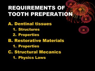 REQUIREMENTS OF
TOOTH PREPERATION
A. Dentinal tissues
1. Structures
2. Properties
B. Restorative Materials
1. Properties
C. Structural Mecanics
1. Physics Laws
 