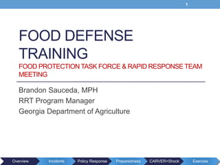 FOOD DEFENSE
TRAINING
FOOD PROTECTION TASK FORCE & RAPID RESPONSE TEAM
MEETING
Brandon Sauceda, MPH
RRT Program Manager
Georgia Department of Agriculture
Overview Incidents Policy Response Preparedness CARVER+Shock Exercise
1
 