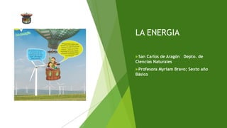 LA ENERGIA
San Carlos de Aragón Depto. de
Ciencias Naturales
Profesora Myriam Bravo; Sexto año
Básico
 