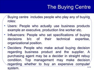 The Buying Centre
Buying centre includes people who play any of buying
roles:
• Users: People who actually use business products
example an executive, production line worker etc.
• Influencers: People who set specifications of buying
decisions b/c of their technical expertise,
organizational position.
• Deciders: People who make actual buying decision
regarding business product and the supplier. A
purchasing agent may be a decider in straight rebuy
condition. Top management may make decision
regarding whether to buy an expensive computer
system. 6-15
 
