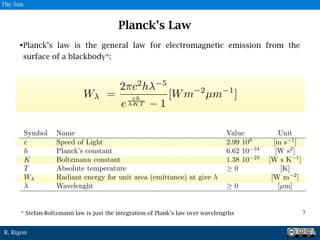 R. Rigon
Planck’s Law
•Planck’s law is the general law for electromagnetic emission from the
surface of a blackbody*:
W =
2⇡c2
h 5
e
ch
KT 1
[Wm 2
µm 1
]
14
7
The Sun
* Stefan-Boltzmann law is just the integration of Plank’s law over wavelengths
 