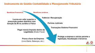 49
Instrumento de Gestão Contabilidade e Planejamento Tributário
Benefícios Financeiros
Lucros em valor superior a
presunção podem distribuir com
isenção do IR na Jurídica e Física
Pagar menos Imposto dentro da
Legalidade (Elisão Fiscal)
Prova a favor da Empresa
(Livro Diário, Balanços, etc.)
Benefícios Jurídicos
Falência / Recuperação
Perícias Judiciais
Transações Sistema Financeiro
Protege a empresa e sócios perante a
legislação, fiscalização e terceiros
 