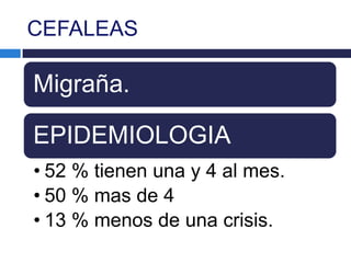 CEFALEAS

Migraña.

EPIDEMIOLOGIA
• 52 % tienen una y 4 al mes.
• 50 % mas de 4
• 13 % menos de una crisis.
 