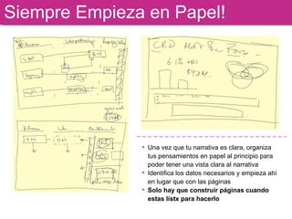 Siempre Empieza en Papel! Una vez que tu narrativa es clara, organiza tus pensamientos en papel al principio para poder tener una vista clara al narrativa Identifica los datos necesarios y empieza ahí en lugar que con las páginas  Solo hay que construir páginas cuando estas listx para hacerlo 