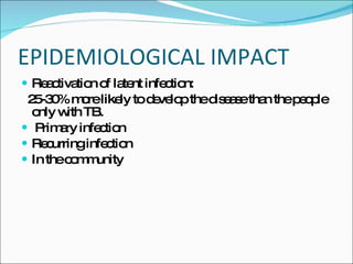 EPIDEMIOLOGICAL IMPACT Reactivation of latent infection:  25-30% more likely to develop the disease than the people only with TB. Primary infection Recurring infection In the community 