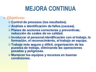 MEJORA CONTINUA <ul><li>Objetivos: </li></ul><ul><ul><li>Control de procesos (los resultados). </li></ul></ul><ul><ul><li>...