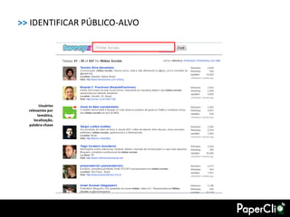 >> IDENTIFICAR PÚBLICO-ALVO




        Usuários
  relevantes por
       temática,
     localização,
  palabra-chave
 
