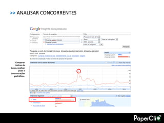 >> ANALISAR CONCORRENTES




    Comparar
    índices de
busca, analisar
        picos e
concentrações
   geofráficas.
 
