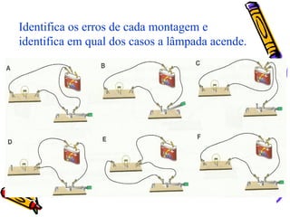Identifica os erros de cada montagem e
identifica em qual dos casos a lâmpada acende.
 