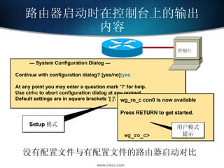 没有配置文件与有配置文件的路由器启动对比 路由器启动时在控制台上的输出内容 --- System Configuration Dialog --- Continue with configuration dialog? [yes/no]: yes At any point you may enter a question mark '?' for help. Use ctrl-c to abort configuration dialog at any prompt. Default settings are in square brackets '[ ]'. Setup 模式 wg_ro_c con0 is now available Press RETURN to get started. wg_ro_c> 控制台 用户模式 提示 