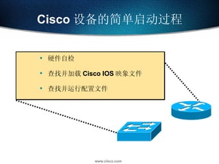 Cisco 设备的简单启动过程 硬件自检 查找并加载 Cisco IOS 映象文件 查找并运行配置文件 