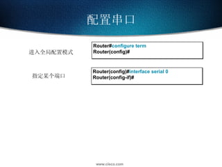 配置串口 进入全局配置模式 Router(config)# interface serial 0   Router(config-if)# Router# configure term Router(config)# 指定某个端口 
