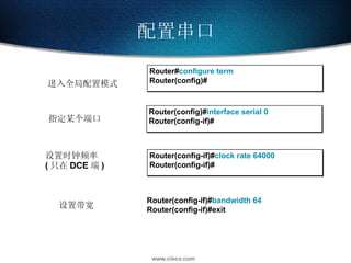 配置串口 进入全局配置模式 Router(config-if)# clock rate 64000 Router(config-if)# Router(config)# interface serial 0   Router(config-if)# Router# configure term Router(config)# 指定某个端口 设置时钟频率  ( 只在 DCE 端 ) 设置带宽 Router(config-if)# bandwidth 64 Router(config-if)#exit 