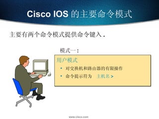 Cisco IOS 的主要命令模式 用户模式 对交换机和路由器的有限操作 命令提示符为  主机名 > 主要有两个命令模式提供命令键入 . 模式一 : 