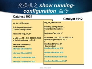 交换机之 show running-configuration   命令 wg_sw_c#show run Building configuration... Current configuration: ! hostname &quot;wg...