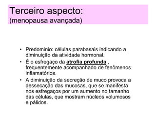 Terceiro aspecto:
(menopausa avançada)
• Predominio: células parabasais indicando a
diminuição da atividade hormonal.
• É o esfregaço da atrofia profunda ,
frequentemente acompanhado de fenômenos
inflamatórios.
• A diminuição da secreção de muco provoca a
dessecação das mucosas, que se manifesta
nos esfregaços por um aumento no tamanho
das células, que mostram núcleos volumosos
e pálidos.
 