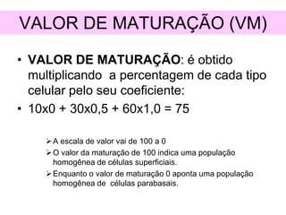 • VALOR DE MATURAÇÃO: é obtido
multiplicando a percentagem de cada tipo
celular pelo seu coeficiente:
• 10x0 + 30x0,5 + 60x1,0 = 75
A escala de valor vai de 100 a 0
O valor da maturação de 100 indica uma população
homogênea de células superficiais.
Enquanto o valor de maturação 0 aponta uma população
homogênea de células parabasais.
VALOR DE MATURAÇÃO (VM)
 