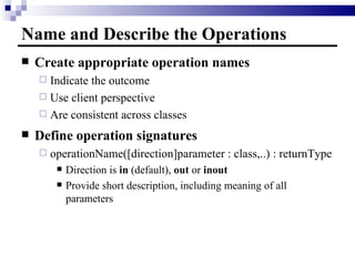 Name and Describe the Operations Create appropriate operation names Indicate the outcome Use client perspective Are consistent across classes Define operation signatures operationName([direction]parameter : class,..) : returnType Direction is  in  (default),  out  or  inout   Provide short description, including meaning of all parameters 