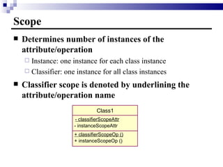 Scope Determines number of instances of the attribute/operation Instance: one instance for each class instance Classifier: one instance for all class instances Classifier scope is denoted by underlining the attribute/operation name Class1 - classifierScopeAttr - instanceScopeAttr + classifierScopeOp () + instanceScopeOp () 