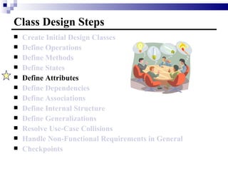 Class Design Steps Create Initial Design Classes Define Operations Define Methods Define States Define Attributes Define Dependencies Define Associations Define Internal Structure Define Generalizations Resolve Use-Case Collisions Handle Non-Functional Requirements in General Checkpoints 