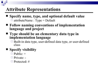 Attribute Representations Specify name, type, and optional default value attributeName : Type = Default Follow naming conventions of implementation language and project Type should be an elementary data type in implementation language Built-in data type, user-defined data type, or user-defined class Specify visibility Public: + Private: - Protected: #  