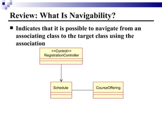 Review: What Is Navigability? Indicates that it is possible to navigate from an associating class to the target class using the association RegistrationController <<Control>> CourseOffering Schedule 