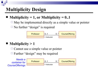 Multiplicity Design Multiplicity = 1, or Multiplicity = 0..1 May be implemented directly as a simple value or pointer No further “design” is required Multiplicity > 1 Cannot use a simple value or pointer Further “design” may be required 0..1 0..* Professor CourseOffering + Instructor Needs a container for CourseOfferings 0..1 0..* Professor CourseOffering + Instructor 