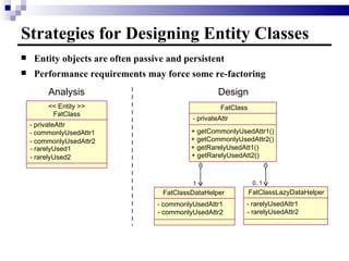 Strategies for Designing Entity Classes Entity objects are often passive and persistent Performance requirements may force some re-factoring Analysis FatClassLazyDataHelper -  rarelyUsedAttr1 -  rarelyUsedAttr2 Design FatClass -  privateAttr + getCommonlyUsedAttr1() + getCommonlyUsedAttr2() + getRarelyUsedAtt1() + getRarelyUsedAtt2() FatClassDataHelper -  commonlyUsedAttr1 -  commonlyUsedAttr2 1 0..1 FatClass -   privateAttr -  commonlyUsedAttr1 -  commonlyUsedAttr2 -  rarelyUsed1 -  rarelyUsed2 << Entity >> 
