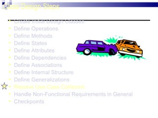 Class Design Steps Create Initial Design Classes Define Operations Define Methods Define States Define Attributes Define Dependencies Define Associations Define Internal Structure Define Generalizations Resolve Use-Case Collisions Handle Non-Functional Requirements in General Checkpoints 