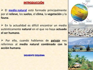 <ul><li>INTRODUCCIÓN </li></ul><ul><li>El  medio natural   est á formado principalmente por el  relieve , los  suelos , el...