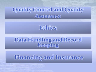 Quality Control and Quality
Assurance
Ethics
Data Handling and Record
Keeping
Financing and Insurance
 