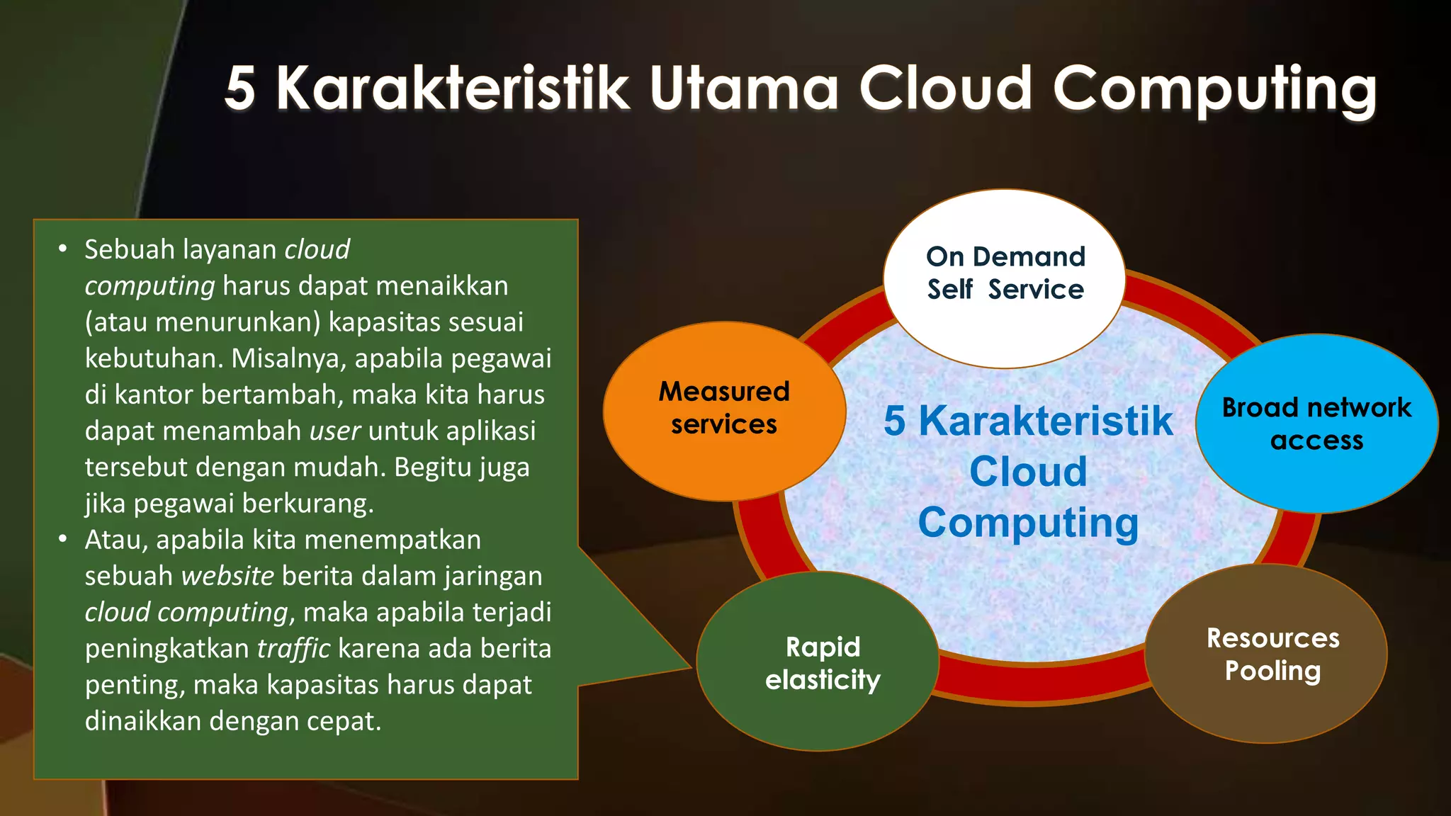 • Sebuah layanan cloud
computing harus dapat menaikkan
(atau menurunkan) kapasitas sesuai
kebutuhan. Misalnya, apabila pegawai
di kantor bertambah, maka kita harus
dapat menambah user untuk aplikasi
tersebut dengan mudah. Begitu juga
jika pegawai berkurang.
• Atau, apabila kita menempatkan
sebuah website berita dalam jaringan
cloud computing, maka apabila terjadi
peningkatkan traffic karena ada berita
penting, maka kapasitas harus dapat
dinaikkan dengan cepat.

On Demand
Self Service

Measured
services

Rapid
elasticity

5 Karakteristik
Cloud
Computing

Broad network
access

Resources
Pooling

 