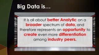 It is all about better Analytic on a
broader spectrum of data, and
therefore represents an opportunity to
create even more differentiation
among industry peers.

 