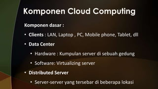 Komponen dasar :
• Clients : LAN, Laptop , PC, Mobile phone, Tablet, dll
• Data Center
• Hardware : Kumpulan server di sebuah gedung
• Software: Virtualizing server
• Distributed Server

• Server-server yang tersebar di beberapa lokasi

 