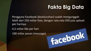 •

Pengguna Facebook (keseluruhan) sudah mengunggah
lebih dari 250 miliar foto, dengan rata-rata 350 juta upload
per harinya

•

4,5 miliar like per hari

•

100 miliar pesan (message)

 