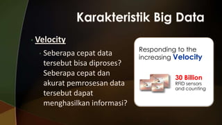 • Velocity
•

Seberapa cepat data
tersebut bisa diproses?
Seberapa cepat dan
akurat pemrosesan data
tersebut dapat
menghasilkan informasi?

Responding to the
increasing Velocity
30 Billion

RFID sensors
and counting

 