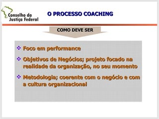 O PROCESSO COACHING COMO DEVE SER Foco em performance Objetivos de Negócios; projeto focado na realidade da organização, no seu momento Metodologia; coerente com o negócio e com a cultura organizacional 