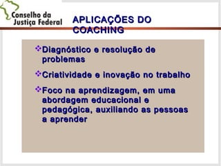 APLICAÇÕES DOAPLICAÇÕES DO
COACHINGCOACHING
Diagnóstico e resolução deDiagnóstico e resolução de
problemasproblemas
Criatividade e inovação no trabalhoCriatividade e inovação no trabalho
Foco na aprendizagem, em umaFoco na aprendizagem, em uma
abordagem educacional eabordagem educacional e
pedagógica, auxiliando as pessoaspedagógica, auxiliando as pessoas
a aprendera aprender
 