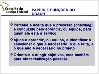Percebe e aceita que o processo (Percebe e aceita que o processo ( coachingcoaching))
é conduzido pelo aprendiz, ou equipe, paraé conduzido pelo aprendiz, ou equipe, para
quem ele está a serviçoquem ele está a serviço
Ajuda o aprendiz, ou equipe, a identificar eAjuda o aprendiz, ou equipe, a identificar e
selecionar o que é necessário, o que falta, eselecionar o que é necessário, o que falta, e
o que não é necessário no projetoo que não é necessário no projeto
Orienta-o a atingir objetivos, mas tambémOrienta-o a atingir objetivos, mas também
para obter realizaçãopara obter realização pessoal.pessoal.
PAPEIS E FUNÇOES DOPAPEIS E FUNÇOES DO
COACHCOACH
 