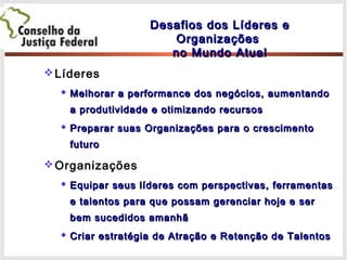 Líderes
 Melhorar a performance dos negócios, aumentandoMelhorar a performance dos negócios, aumentando
a produtividade e otimizando recursosa produtividade e otimizando recursos
 Preparar suas Organizações para o crescimentoPreparar suas Organizações para o crescimento
futurofuturo
Organizações
 Equipar seus líderes com perspectivas, ferramentasEquipar seus líderes com perspectivas, ferramentas
e talentos para que possam gerenciar hoje e sere talentos para que possam gerenciar hoje e ser
bem sucedidos amanhãbem sucedidos amanhã
 Criar estratégia de Atração e Retenção de TalentosCriar estratégia de Atração e Retenção de Talentos
Desafios dos Líderes eDesafios dos Líderes e
OrganizaçõesOrganizações
no Mundo Atualno Mundo Atual
 