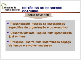 CRITÉRIOS DO PROCESSOCRITÉRIOS DO PROCESSO
COACHINGCOACHING
COMO DEVE SERCOMO DEVE SER
 Personalizado; focado na necessidadePersonalizado; focado na necessidade
específica da organização e do executivoespecífica da organização e do executivo
 Desenvolvimento; implica num aprendizadoDesenvolvimento; implica num aprendizado
just on timejust on time
 Processo; ocorre num determinado espaçoProcesso; ocorre num determinado espaço
de tempo e envolve mudançasde tempo e envolve mudanças
 