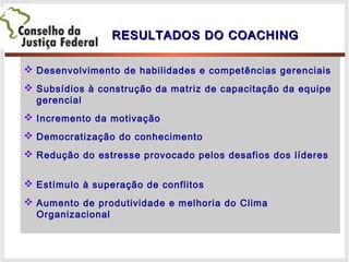 RESULTADOS DO COACHINGRESULTADOS DO COACHING
 Desenvolvimento de habilidades e competências gerenciais
 Subsídios à construção da matriz de capacitação da equipe
gerencial
 Incremento da motivação
 Democratização do conhecimento
 Redução do estresse provocado pelos desafios dos líderes
 Estímulo à superação de conflitos
 Aumento de produtividade e melhoria do Clima
Organizacional
 