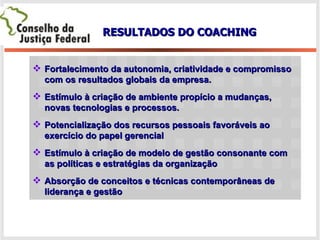 RESULTADOS DO COACHING Fortalecimento da autonomia, criatividade e compromisso com os resultados globais da empresa. Estímulo à criação de ambiente propício a mudanças, novas tecnologias e processos. Potencialização dos recursos pessoais favoráveis ao exercício do papel gerencial Estímulo à criação de modelo de gestão consonante com as políticas e estratégias da organização Absorção de conceitos e técnicas contemporâneas de liderança e gestão 