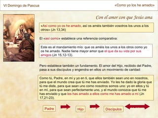 VI Domingo de Pascua                                                     «Como yo los he amado»


                                                            Con el amor con que Jesús ama
                       «Así como yo os he amado, así os améis también vosotros los unos a los
                       otros» (Jn 13,34)

                       El «así como» establece una referencia comparativa:

                       Este es el mandamiento mío: que os améis los unos a los otros como yo
                       os he amado. Nadie tiene mayor amor que el que da su vida por sus
                       amigos (Jn 15,12-13).


                       Pero establece también un fundamento. El amor del Hijo, recibido del Padre,
                       pasa a sus discípulos y engendra en ellos un movimiento de caridad:

                       Como tú, Padre, en mí y yo en ti, que ellos también sean uno en nosotros,
                       para que el mundo crea que tú me has enviado. Yo les he dado la gloria que
                       tú me diste, para que sean uno como nosotros somos uno: yo en ellos y tú
                       en mí, para que sean perfectamente uno, y el mundo conozca que tú me
                       has enviado y que los has amado a ellos como me has amado a mí (Jn
                       17,21-23).


                          Padre       ama       Hijo     ama       Discípulos      se aman
 