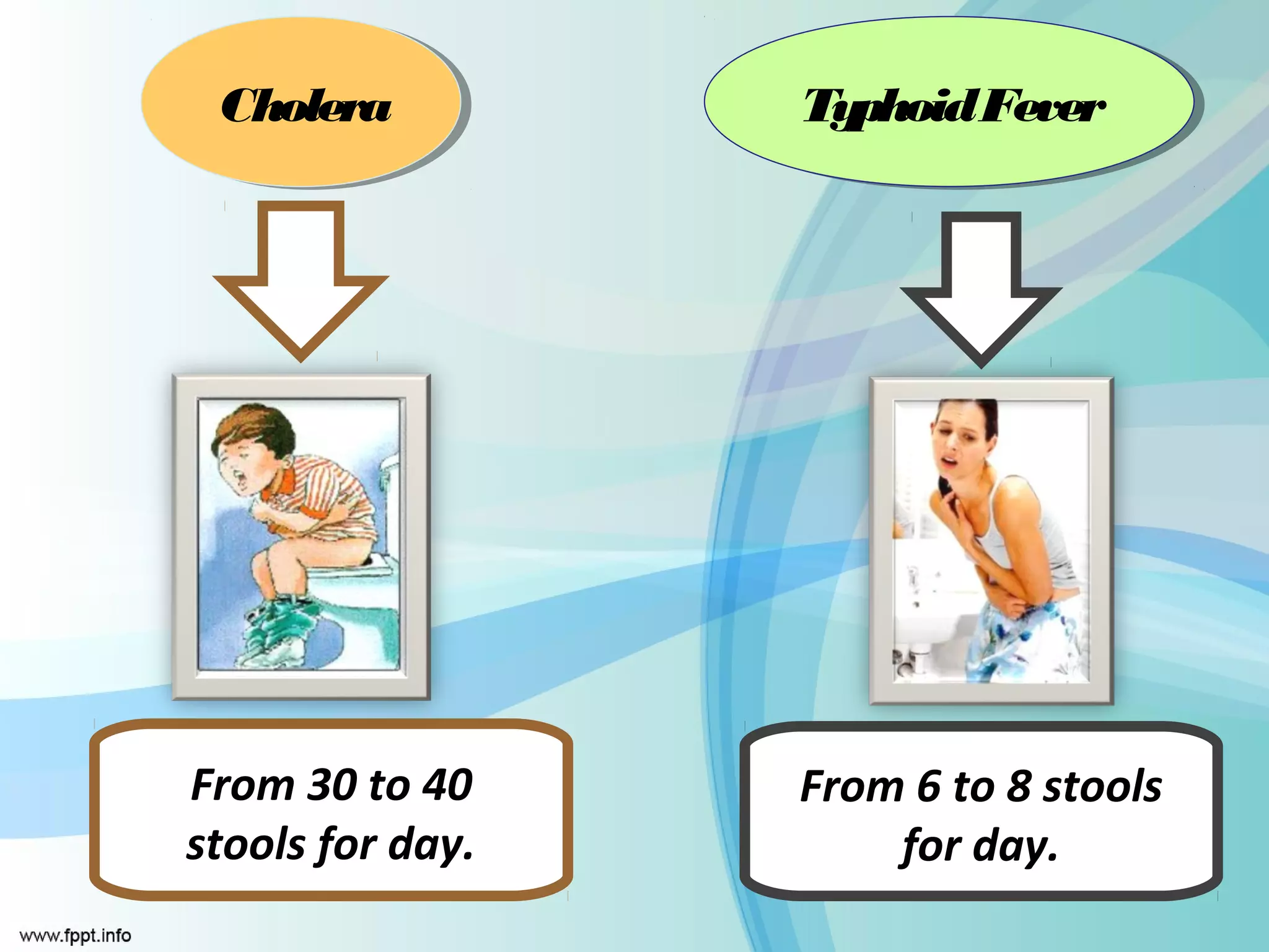 Cholera
 Cholera          TyphoidFever
                  Typhoid Fever




From 30 to 40     From 6 to 8 stools
stools for day.       for day.
 