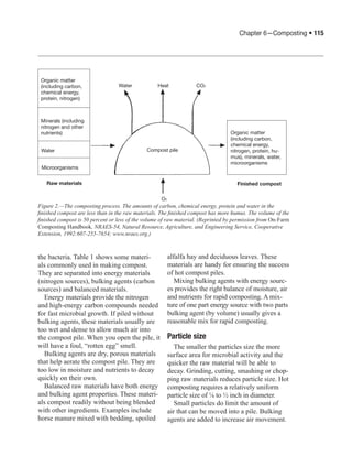 Chapter 6—Composting • 115




 Organic matter
 (including carbon,               Water            Heat            CO2
 chemical energy,
 protein, nitrogen)



 Minerals (including
 nitrogen and other
 nutrients)                                                                       Organic matter
                                                                                  (including carbon,
                                                                                  chemical energy,
 Water                                        Compost pile                        nitrogen, protein, hu-
                                                                                  mus), minerals, water,
                                                                                  microorganisms
 Microorganisms


   Raw materials                                                                    Finished compost

                                                    O2
Figure 2.—The composting process. The amounts of carbon, chemical energy, protein and water in the
finished compost are less than in the raw materials. The finished compost has more humus. The volume of the
finished compost is 50 percent or less of the volume of raw material. (Reprinted by permission from On-Farm
Composting Handbook, NRAES-54, Natural Resource, Agriculture, and Engineering Service, Cooperative
Extension, 1992:607-255-7654; www.nraes.org.)



the bacteria. Table 1 shows some materi-                 alfalfa hay and deciduous leaves. These
als commonly used in making compost.                     materials are handy for ensuring the success
They are separated into energy materials                 of hot compost piles.
(nitrogen sources), bulking agents (carbon                  Mixing bulking agents with energy sourc-
sources) and balanced materials.                         es provides the right balance of moisture, air
   Energy materials provide the nitrogen                 and nutrients for rapid composting. A mix-
and high-energy carbon compounds needed                  ture of one part energy source with two parts
for fast microbial growth. If piled without              bulking agent (by volume) usually gives a
bulking agents, these materials usually are              reasonable mix for rapid composting.
too wet and dense to allow much air into
the compost pile. When you open the pile, it             Particle size
will have a foul, “rotten egg” smell.                       The smaller the particles size the more
   Bulking agents are dry, porous materials              surface area for microbial activity and the
that help aerate the compost pile. They are              quicker the raw material will be able to
too low in moisture and nutrients to decay               decay. Grinding, cutting, smashing or chop-
quickly on their own.                                    ping raw materials reduces particle size. Hot
   Balanced raw materials have both energy               composting requires a relatively uniform
and bulking agent properties. These materi-              particle size of ⅛ to ½ inch in diameter.
als compost readily without being blended                   Small particles do limit the amount of
with other ingredients. Examples include                 air that can be moved into a pile. Bulking
horse manure mixed with bedding, spoiled                 agents are added to increase air movement.
 