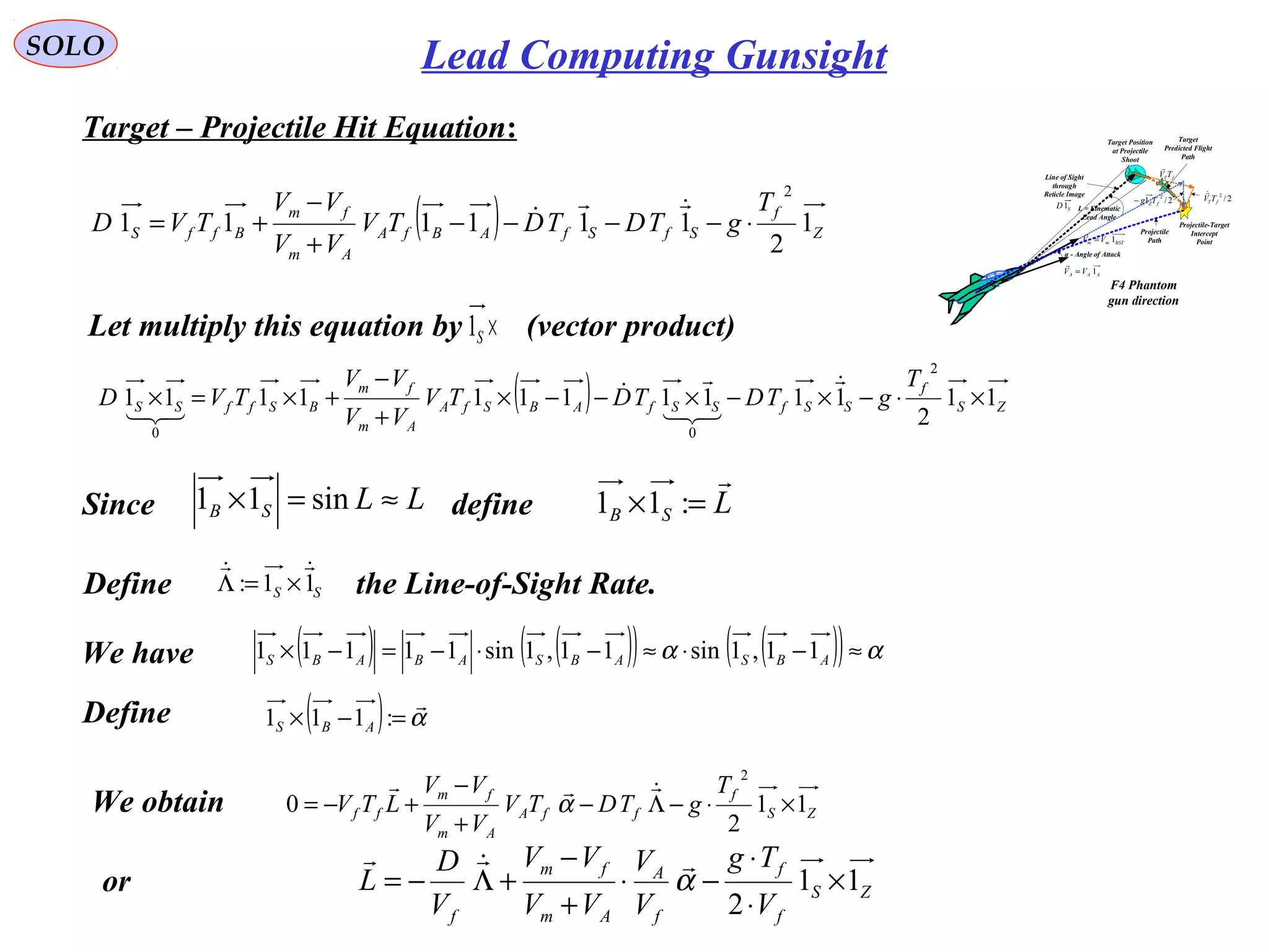 SOLO Lead Computing Gunsight
Target – Projectile Hit Equation:
( ) Z
f
SfSfABfA
Am
fm
BffS
T
gTDTDTV
VV
VV
TVD 1
2
111111
2
⋅−−−−
+
−
+=


Let multiply this equation by (vector product)×S1
( ) ZS
f
SSfSSfABSfA
Am
fm
BSffSS
T
gTDTDTV
VV
VV
TVD 11
2
11111111111
2
00
×⋅−×−×−−×
+
−
+×=×





Since defineLLSB ≈=× sin11 LSB

=× :11
Define the Line-of-Sight Rate.SS 11:

×=Λ
( ) ( )( ) ( )( ) αα ≈−⋅≈−⋅−=−× ABSABSABABS 11,1sin11,1sin11111We have
Define ( ) α

=−× :111 ABS
ZS
f
ffA
Am
fm
ff
T
gTDTV
VV
VV
LTV 11
2
0
2
×⋅−Λ−
+
−
+−=

αWe obtain
ZS
f
f
f
A
Am
fm
f V
Tg
V
V
VV
VV
V
D
L 11
2
×
⋅
⋅
−⋅
+
−
+Λ−= α

or
F4 Phantom
gun direction
AAA VV 1=

BSTmm VV 1=

L = Kinematic
Lead Angle
Projectile
Path
Target Position
at Projectile
Shoot
Target
Predicted Flight
Path
Projectile-Target
Intercept
Point
fTTV

a - Angle of Attack
Line of Sight
through
Reticle Image
SD1
2/
2
fTTV

2/1
2
fZTg−
 